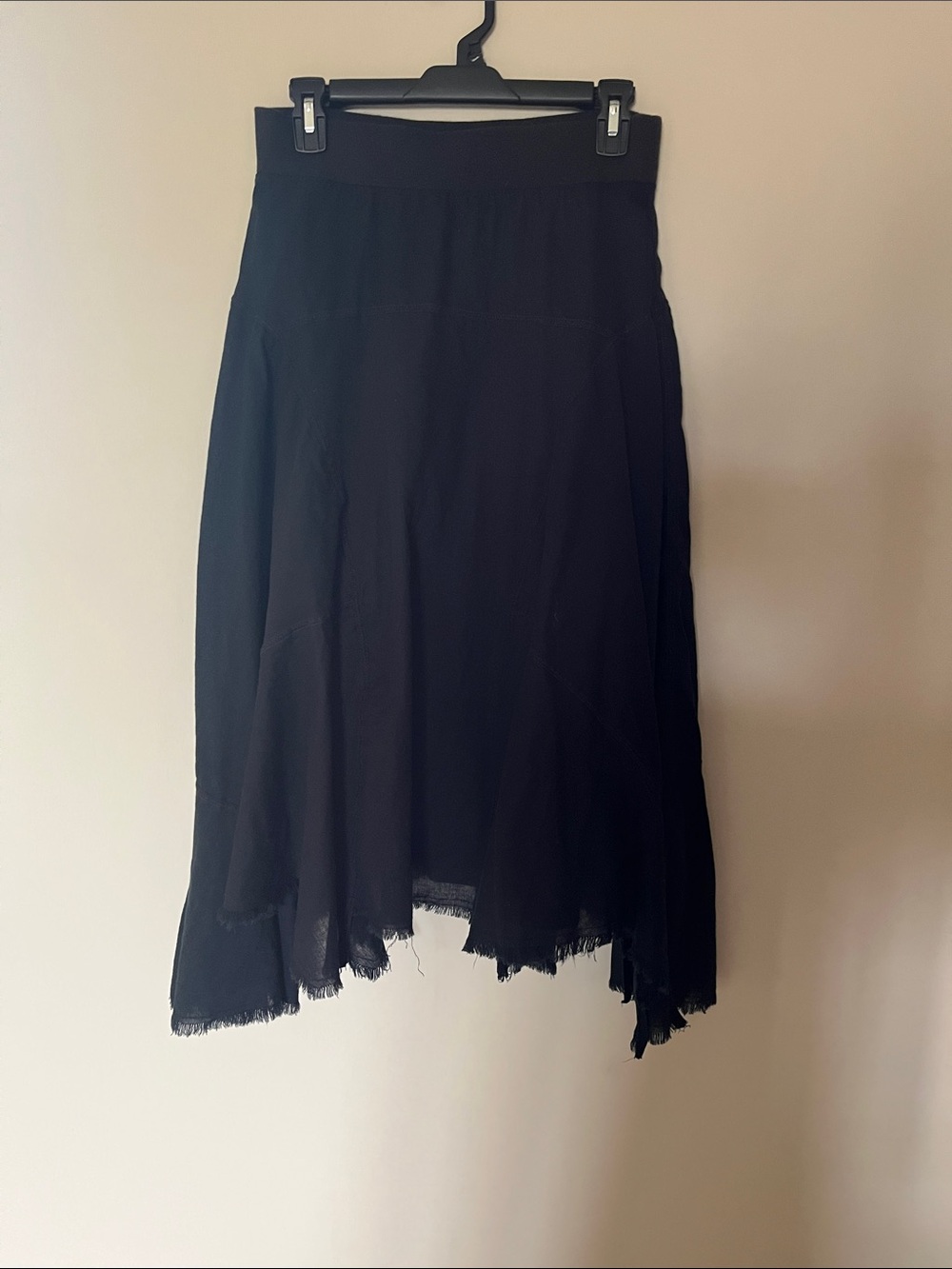Lux Black Asymmetric Fringe Midi Skirt